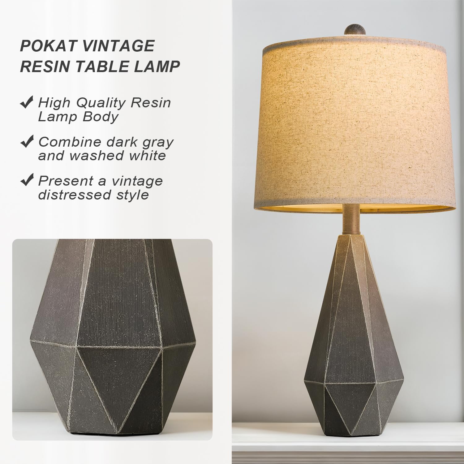 PoKat 23.5'' Farmhouse Table Lamps Set of 2, Rustic Nightstand Lamps for Bedroom, Classic Bedside Lamps for Living Room Office Sideboard with Linen Shade Distressed (Deep Grey)