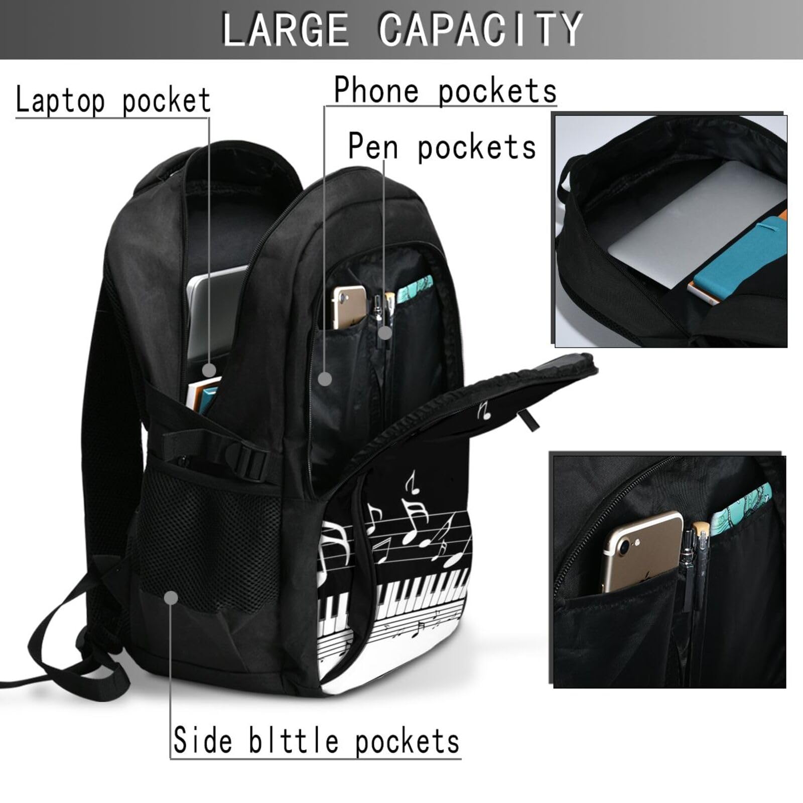 InOmak Klaviertasten mit Noten, Reiserucksack, Freizeitrucksack, Schulrucksack, Laptop-Rucksack für Damen und Herren