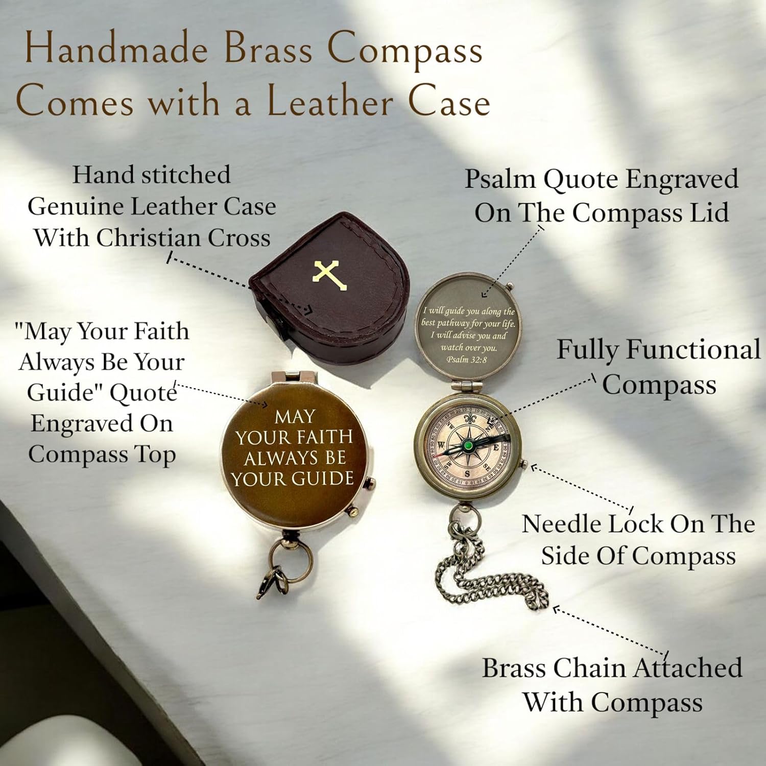 Engraved Brass Compass with Sundial Clock May Your Faith Always Be Your Guide Psalm 32:8 Christian Keepsake Gift Direction Guide Compass with Carry Case for Special Religious Occasions - Image 5