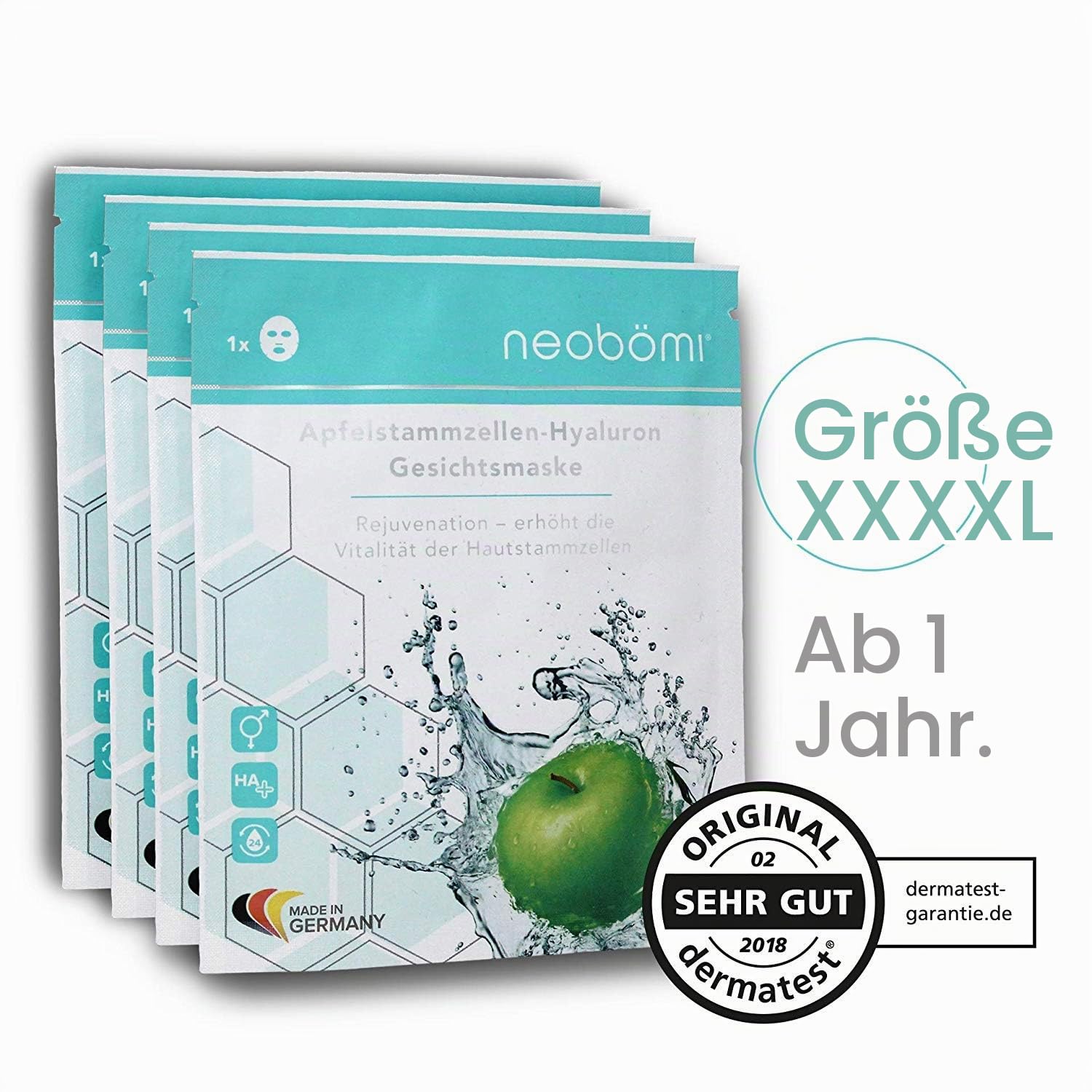 Hyaluron Gesichtsmaske - Hochdosierte Tuchmaske mit Apfelstammzellen von neobömi® - Anti Aging Face Mask - Perfekte Age Fit Gesichtspflege - Luxury Beauty - Augenpads Effekt - 4 + 1 Stück - Masken Set