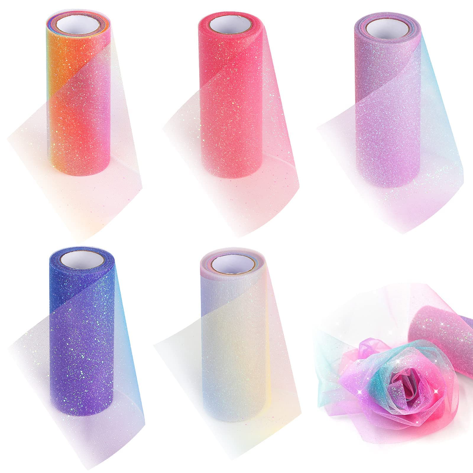 MAKINGTEC Rainbow Glitter Tulle Rolls, 5 PCS Shimmer Color Assortment Ribbon for Table Runner, Baby Shower Sash Bow Tutu Skirt Sewing Crafting Fabric Wedding Unicorn Christmas Party Gift Ribbon