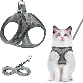 Adjustable Soft Mesh Cat Harness With Reflective Strip - Breathable No Pull Puppy Harness and Lead Set - Escape Proof Cat Collar for Walking S