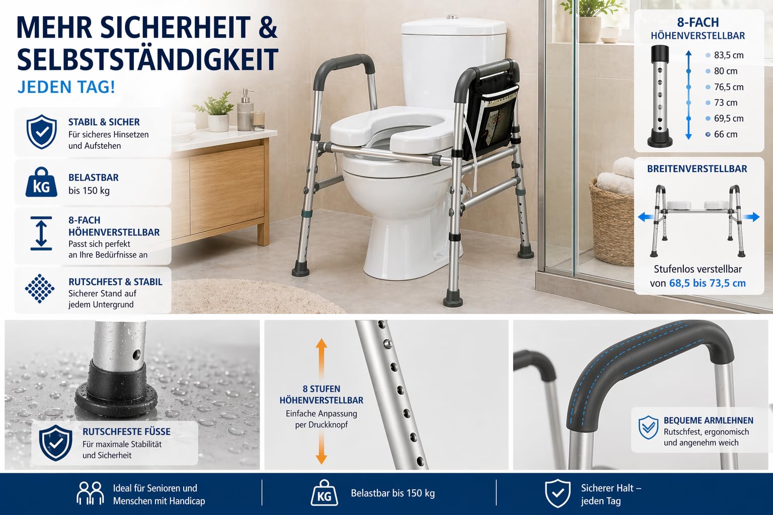 Toilettensitzerhöhung mit Griffen WC-Sitzerhöhung mit Aufstehhilfe 8-fach höhenverstellbar breitenverstellbarer erhöhter Toilettensitz stabiler Toilettenerhöhung, mit deutscher Anleitung