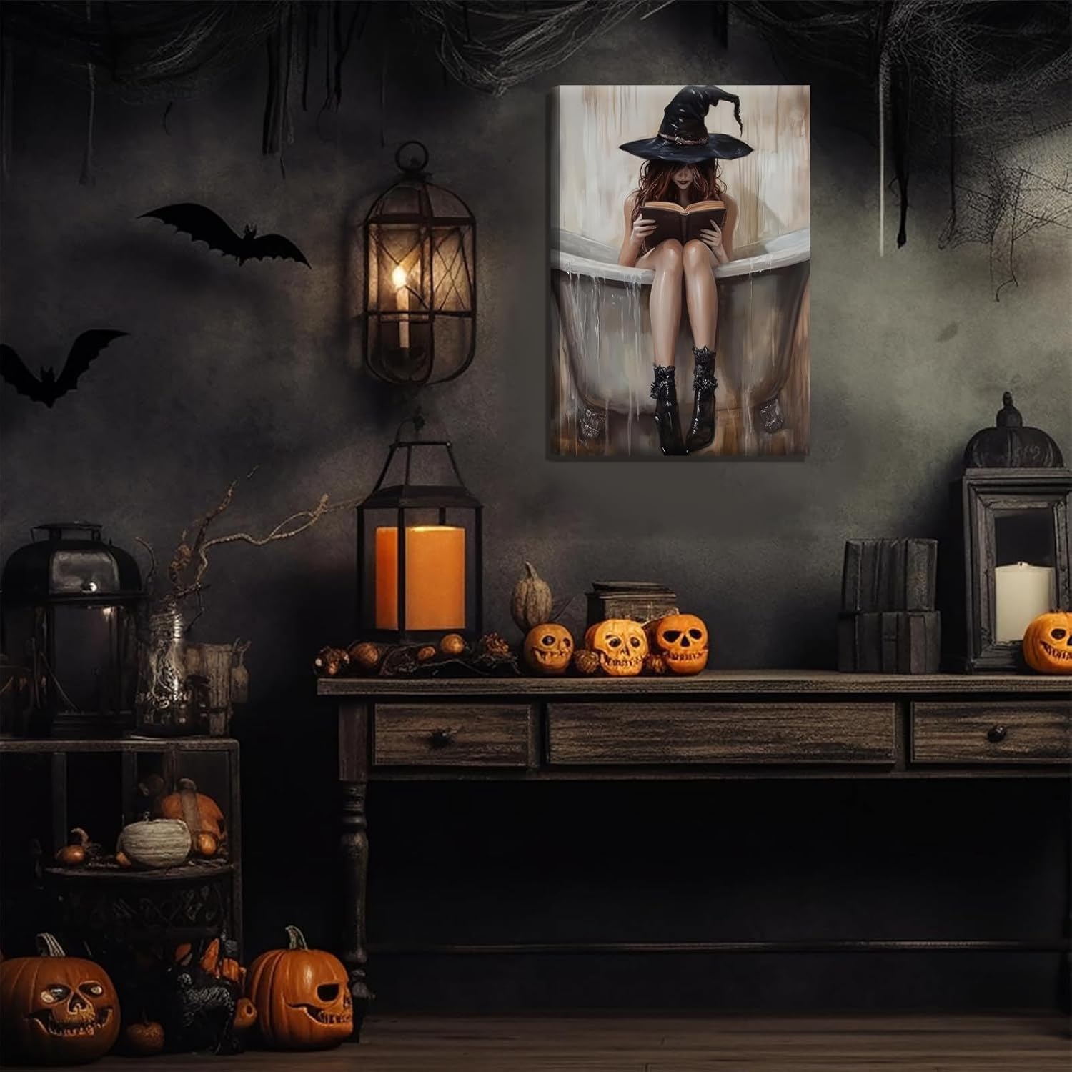 VPUQWGKE Witch Bathroom Reading Canvas Wall Art PrintBathroom Bathtub Picture Halloween Witch Painting Wall Decor Suitable for living room bedroom Decoration 16x24in