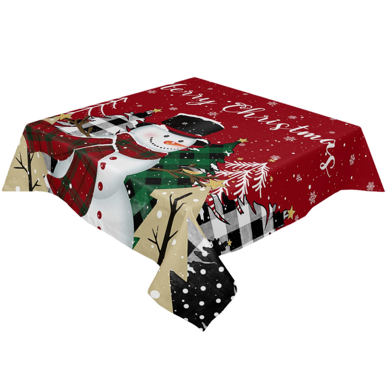 SunteenyChristmas Square Table Cloth Snowman Buffalo Xmas Tree Snowflakes Red Tablecloth Waterproof Table Top Cover Decor for Kitchen Dinner Table Halloween Thanksgiving Christmas 60x60in