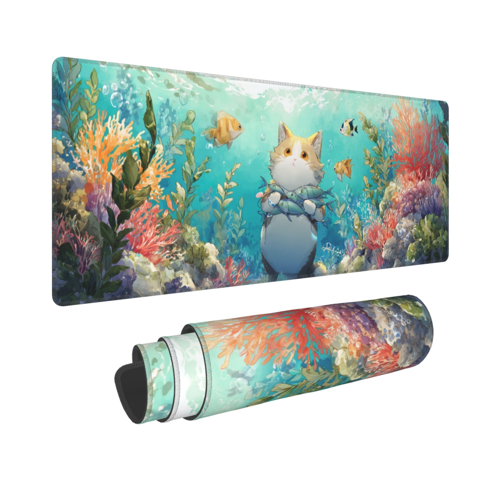 Cat Fish Mouse Pad Extended Large Gaming Mouse Pad XL Stitched Edges for Gamer Home Office 31.5 X 11.8 Inch