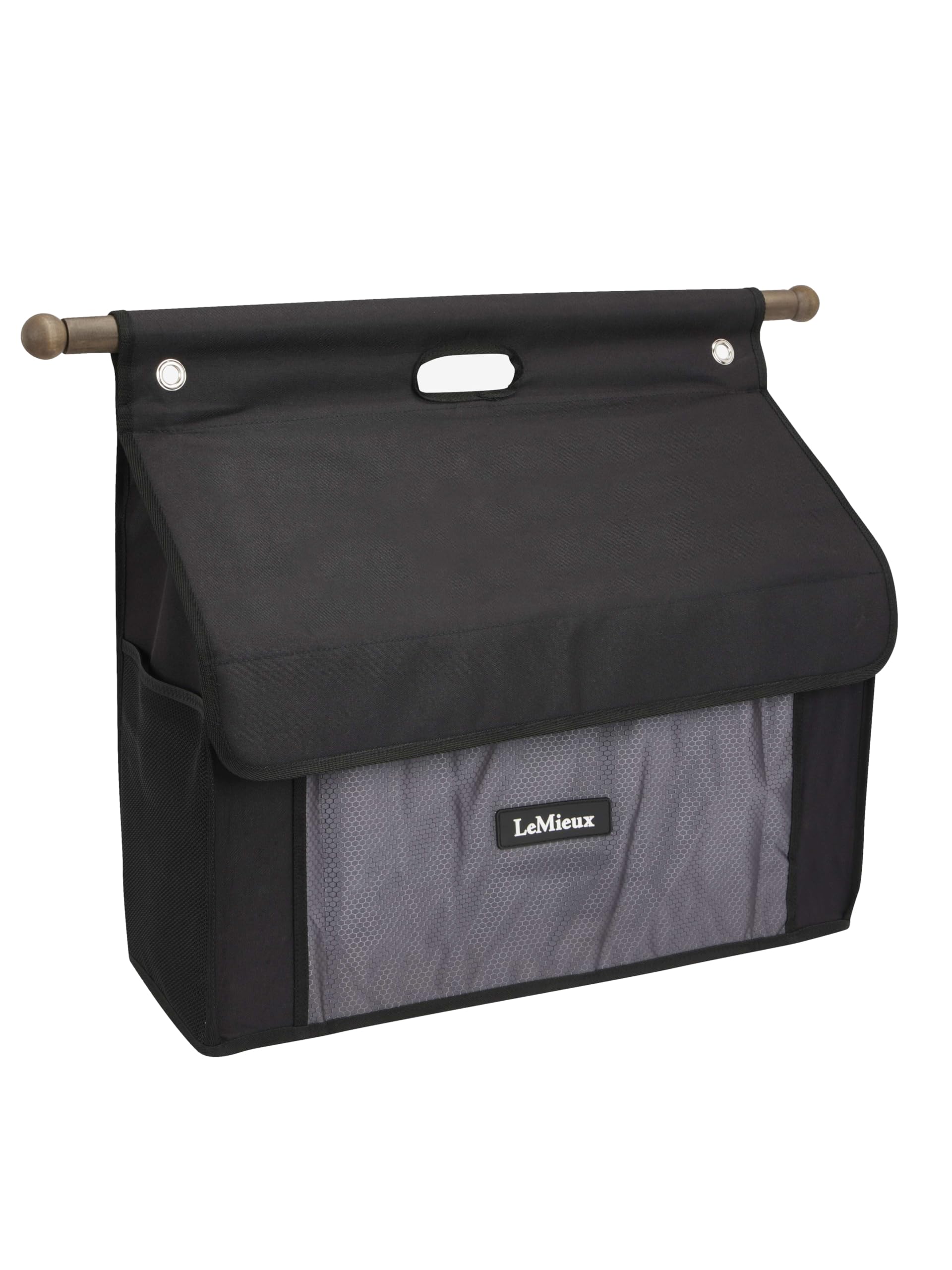LeMieux Pro Grooming Bag With Bar - 65cm Wooden Hanging Bar - Large Mesh Pockets - Black