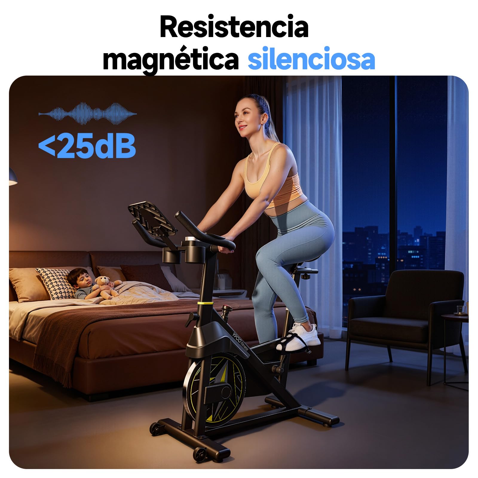 YPOO Bicicleta Estática para Casa, Asiento Cómodo, Soporte para Tablet y Clases de Fitness, Bici Indoor para Cardio en Casa, Bicicleta Estática Silenciosa de Gran Capacidad de Carga
