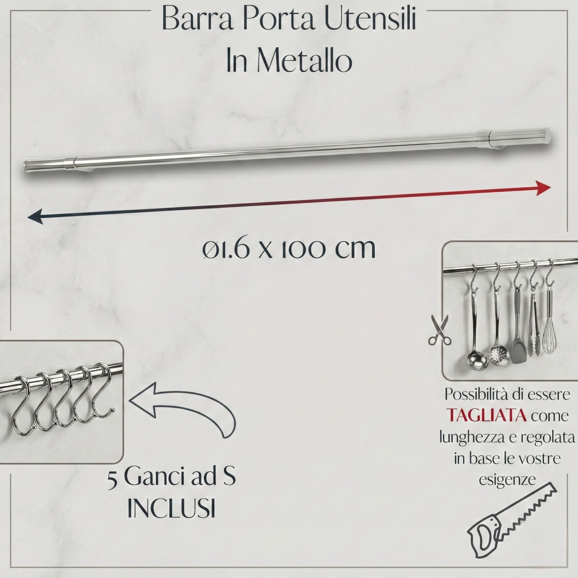 Barra Portautensili Cucina in Metallo 1.6x100 cm, 5 Ganci a S inclusi, Portautensili da Cucina Appendi Mestoli e Utensili Sottopensile