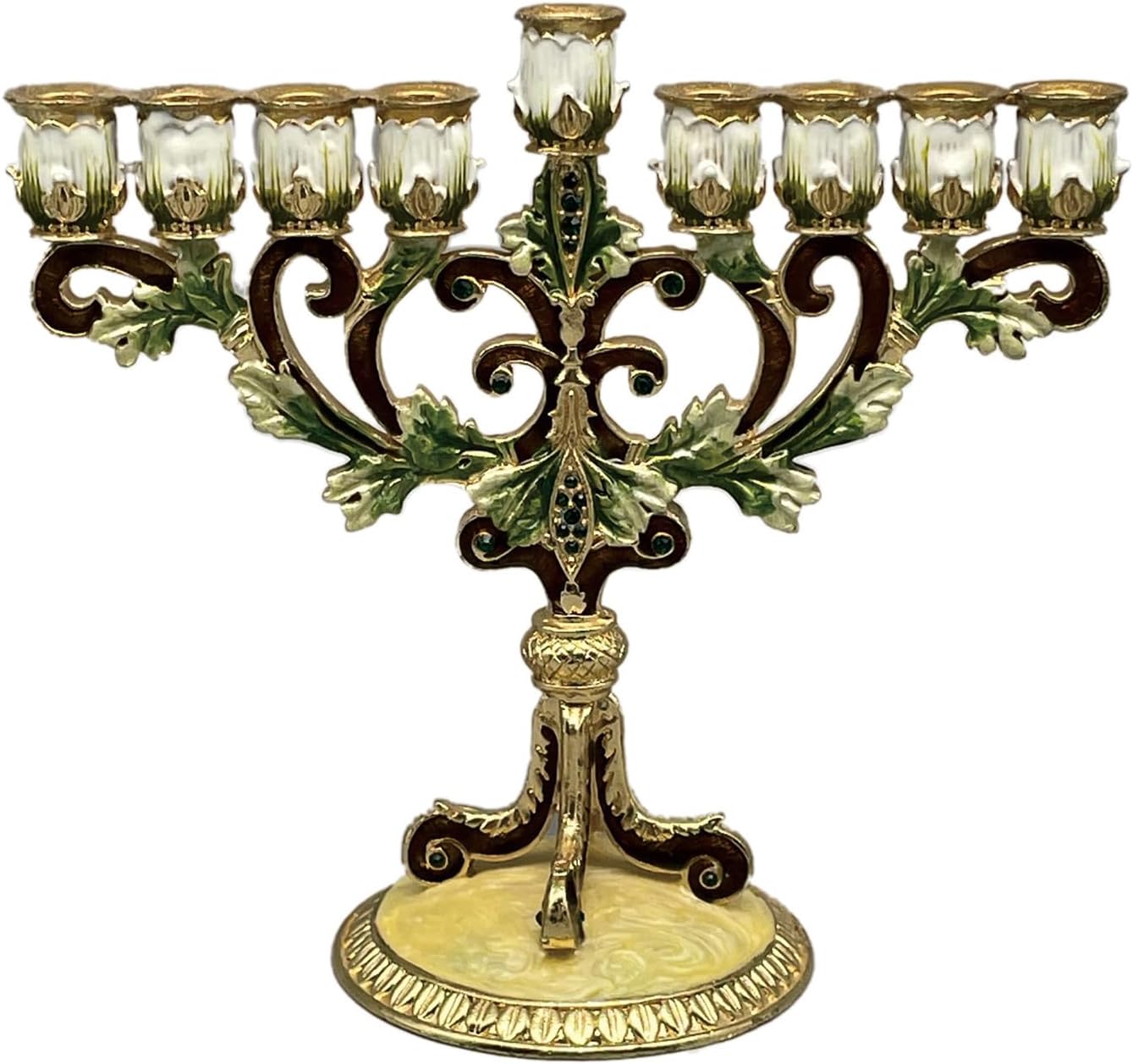 MUXSAM Hanukkah Menorah Candelabra, 9 Branch Vintage Enamel Hand Painted Candlesticks Artistic Candles Holder Jewish Retro Menorah Candelabra for Religion & Home Decor, Green & White