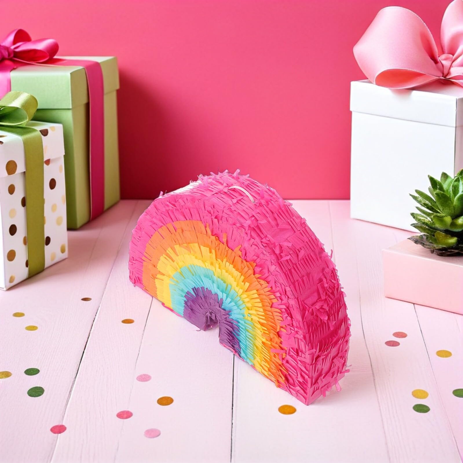 Pinata Arcobaleno a Forma di Torta, Set 1 Pezzo Carta | Bastone e Benda, Capacità 5lbs, per Feste e Carnevale, Stile Boho Dai Colori Vivaci