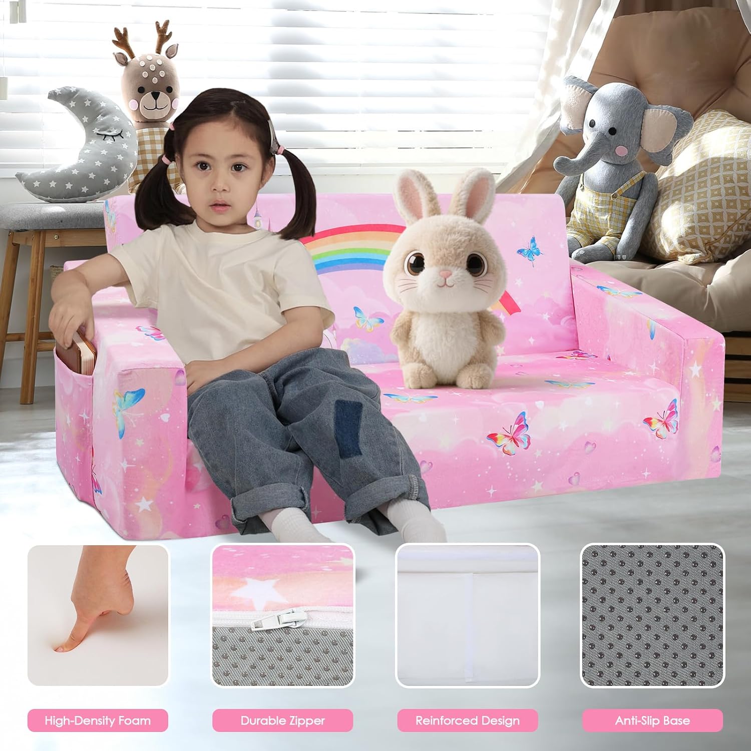 Foldable Kids Sofa Couch 2 in 1 Children Convertible Sofa to Lounger Flip Open Toddlers Sofa Bed,Extra Wide Soft Lightweight for Bedroom Livingroom Playroom