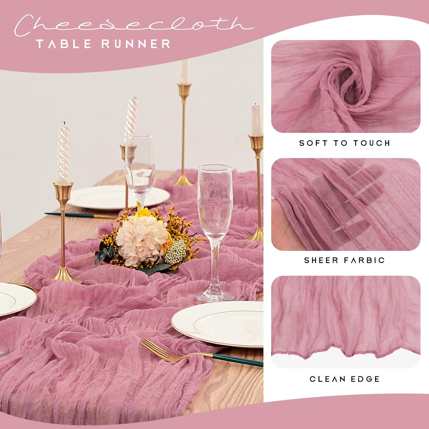 12 Pack Cheesecloth Table Runner 35 x 70 inch Long Boho Cheese Cloth Gauze Table Runners Semi Sheer Table Runner for Wedding Decor, Bridal Shower, Birthday Party (Dusty Rose)