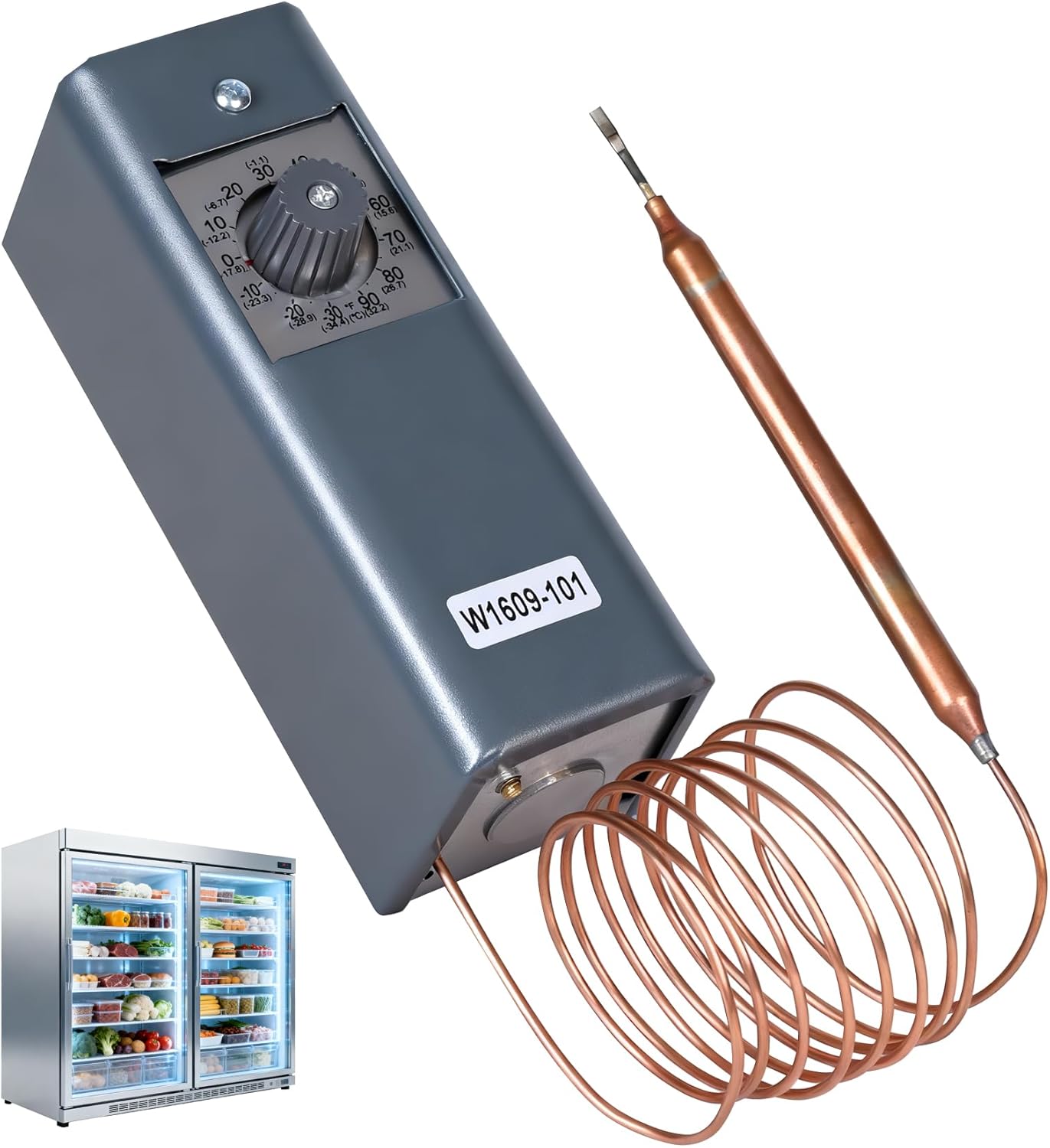 W1609-101 Refrigeration Thermostat Temperature Controller Remote Control Bulb TH-1609, 5FT Capillary Length, -30 to +90 Degrees Fahrenheit, -34 to +32 Degrees Celsius, °C and °F Dual Temperature dial