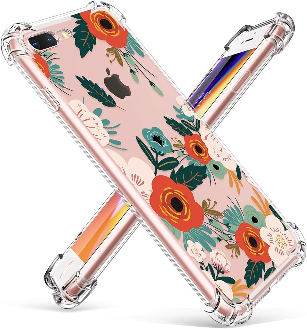 GVIEWIN Clear Case for iPhone 8 Plus/7 Plus, Flower Pattern Design Soft & Flexible TPU Ultra-Thin Shockproof Transparent Floral Cover, Cases for iPhone 7 Plus/8 Plus 5.5 Inch(Flowering/Reseda Green)
