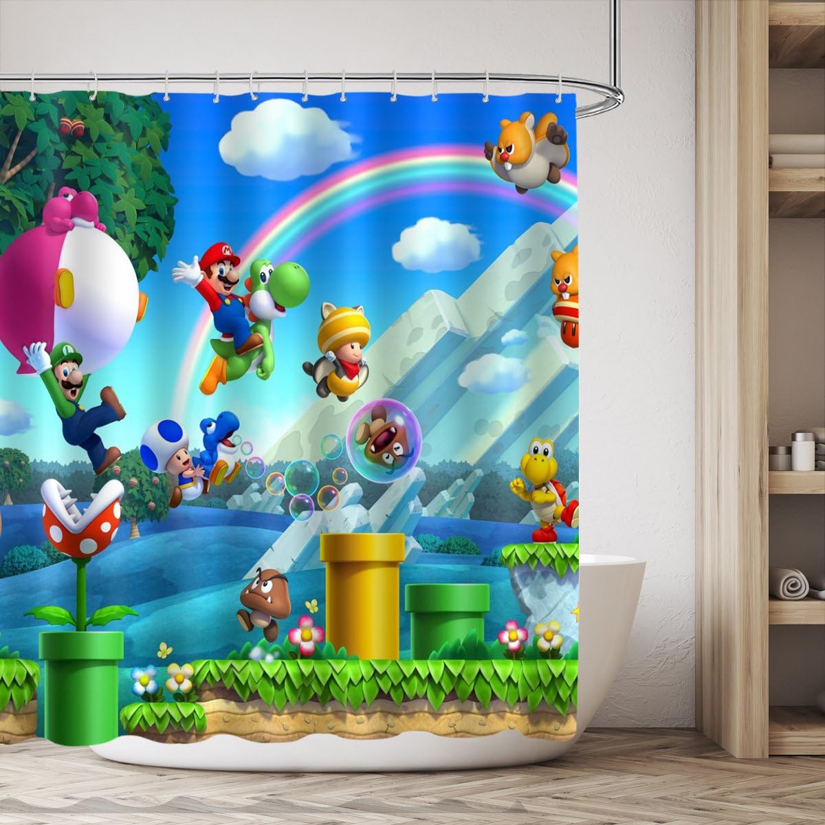 LIGHTINHOME Kid Cartoon Shower Curtain Set Rainbow Forest Dinosaur Funny Shower Curtain Panel Polyester Waterproof Fabric 72x72 Inch with 12-Pack Plastic Shower Hooks