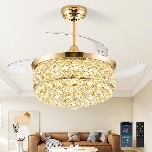 Miniatura 10 de Ventilador de Techo Fandelier de Cristal de 48" con Luz, Ventiladores de Techo Retráctiles Araña Ventilador con Aspas Retráctiles LED Regulable