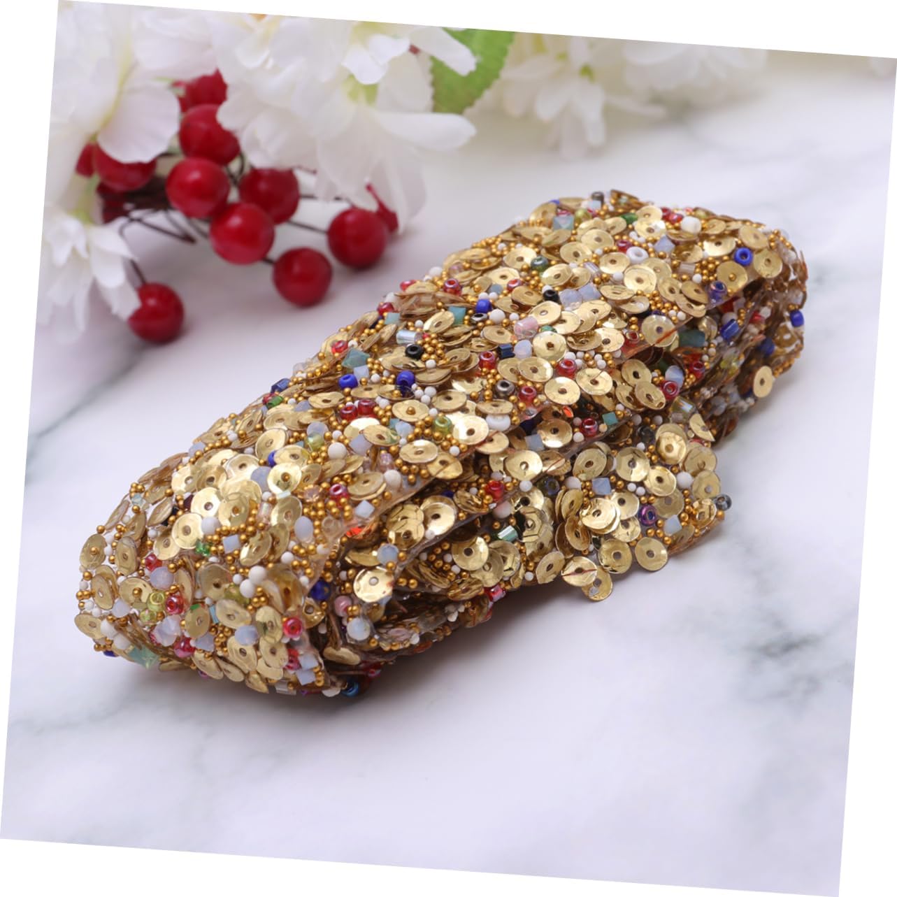 Golden Sequin Bling Ribbon Trim for Dress Sash Bags Shoes Embellishments Rhinestone Shell Decor for Crafting and Fashion Accessories