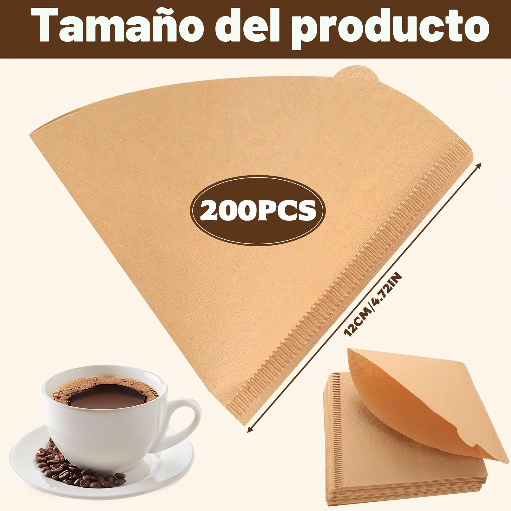 200 Pcs Filtros de Papel Número 2, Filtro de Café de Papel de Filtro de Cafés en Forma de V Tamaño 02, pPapel de Filtros de Café de Cono para Cafetera de Goteo(marrón, 2-4 Tazas)