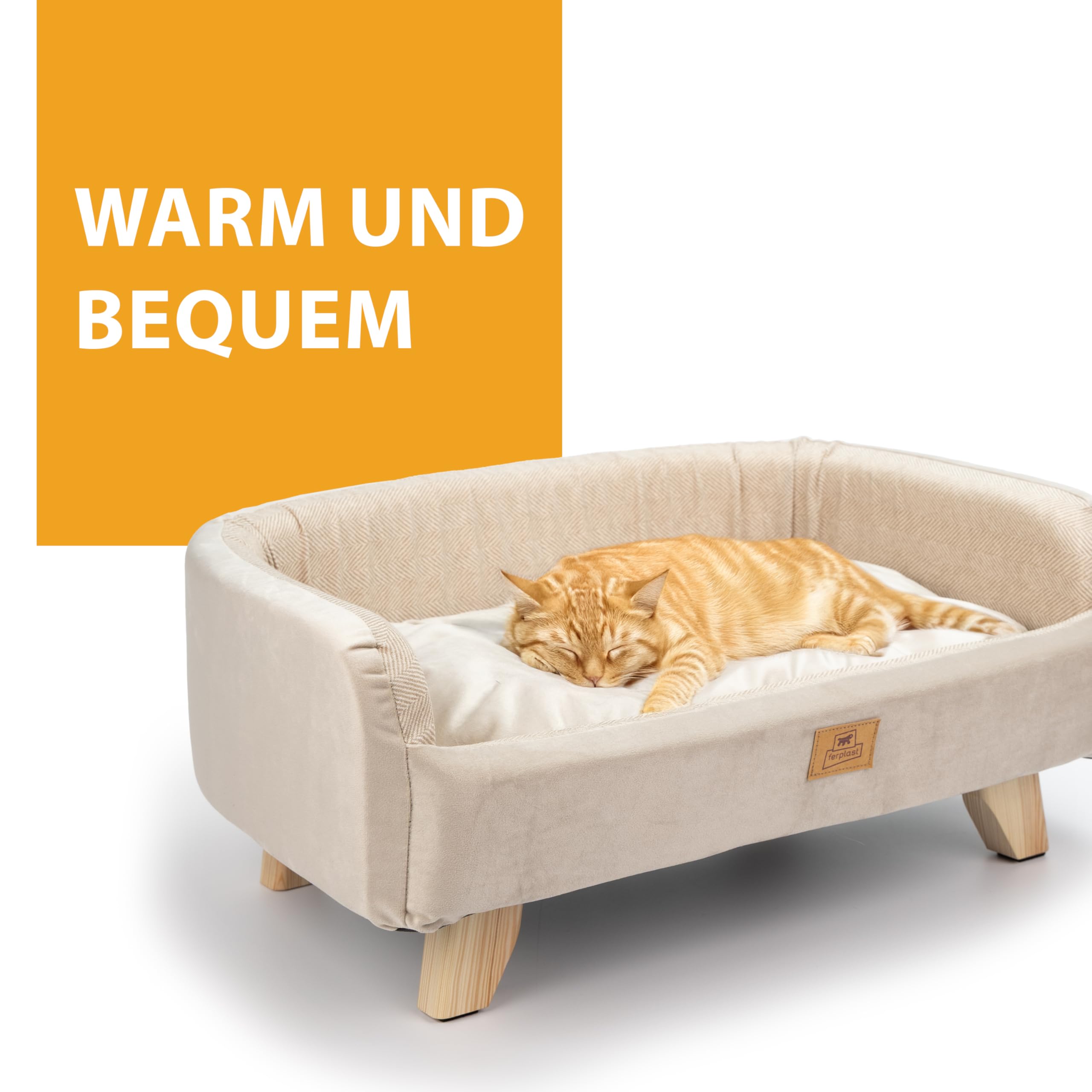 Ferplast Hundebett Katzenbett aus FSC®-zertifiziertem Holz mit weichem Kissen, Stil, Komfort und Haltbarkeit, 62 x 45 x H 26 cm.