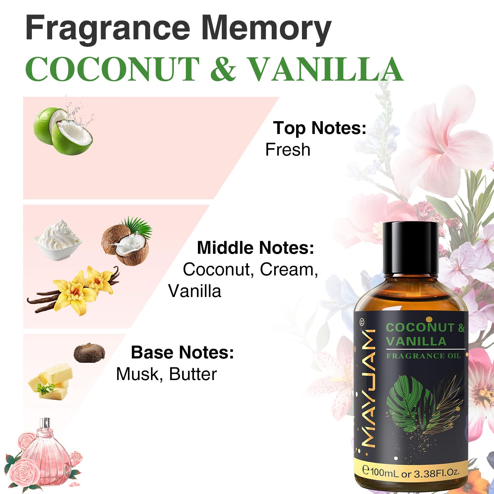 MAYJAM Aceite de Coco y Vainilla 100ml, Aceite De Fragancia De Coco y Vainilla para Difusor de Aceites Esenciales, Aromaterapia, Dulces Sue os