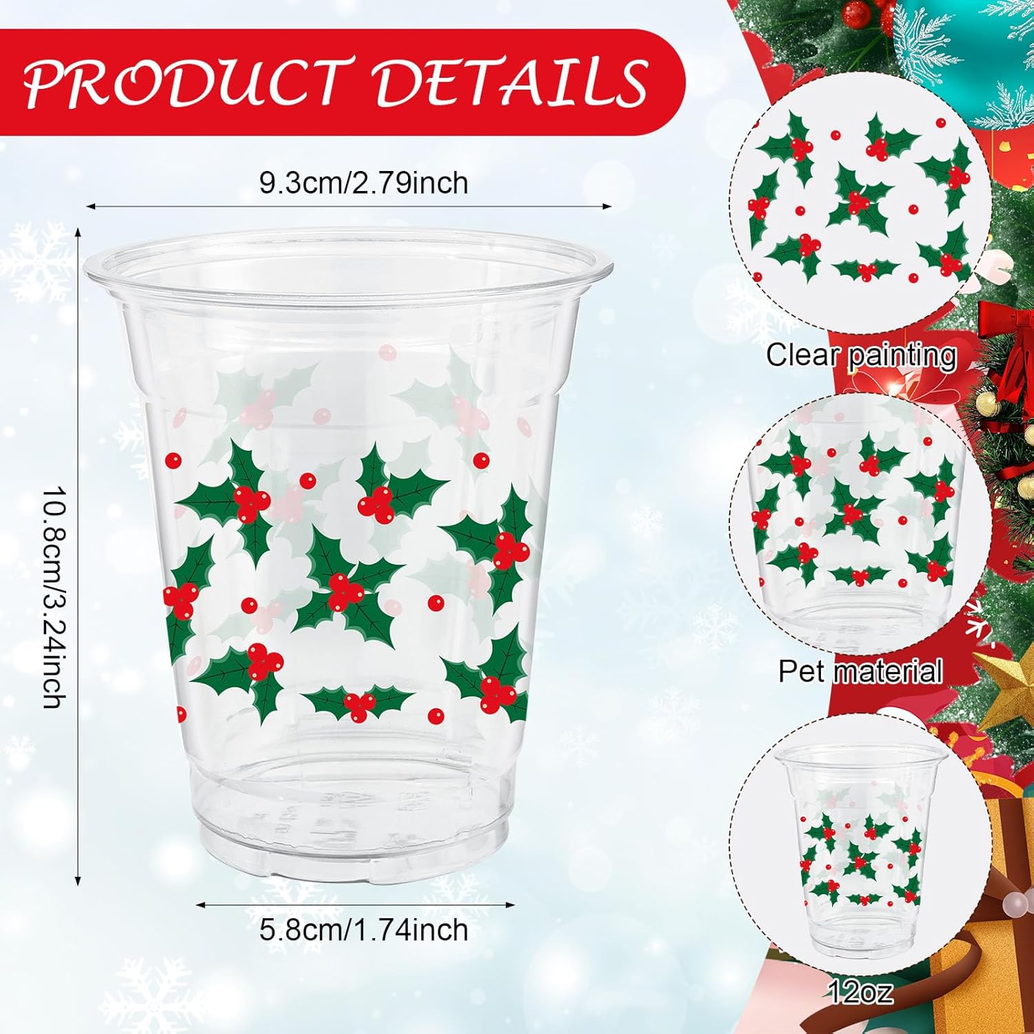 ABURRORI 50 Pcs 12OZ Christmas Plastic Cups, Holly Print Clear Plastic Cups, Beverage Holiday Party Favors For Xmas Themed Party Supplies - Image 2