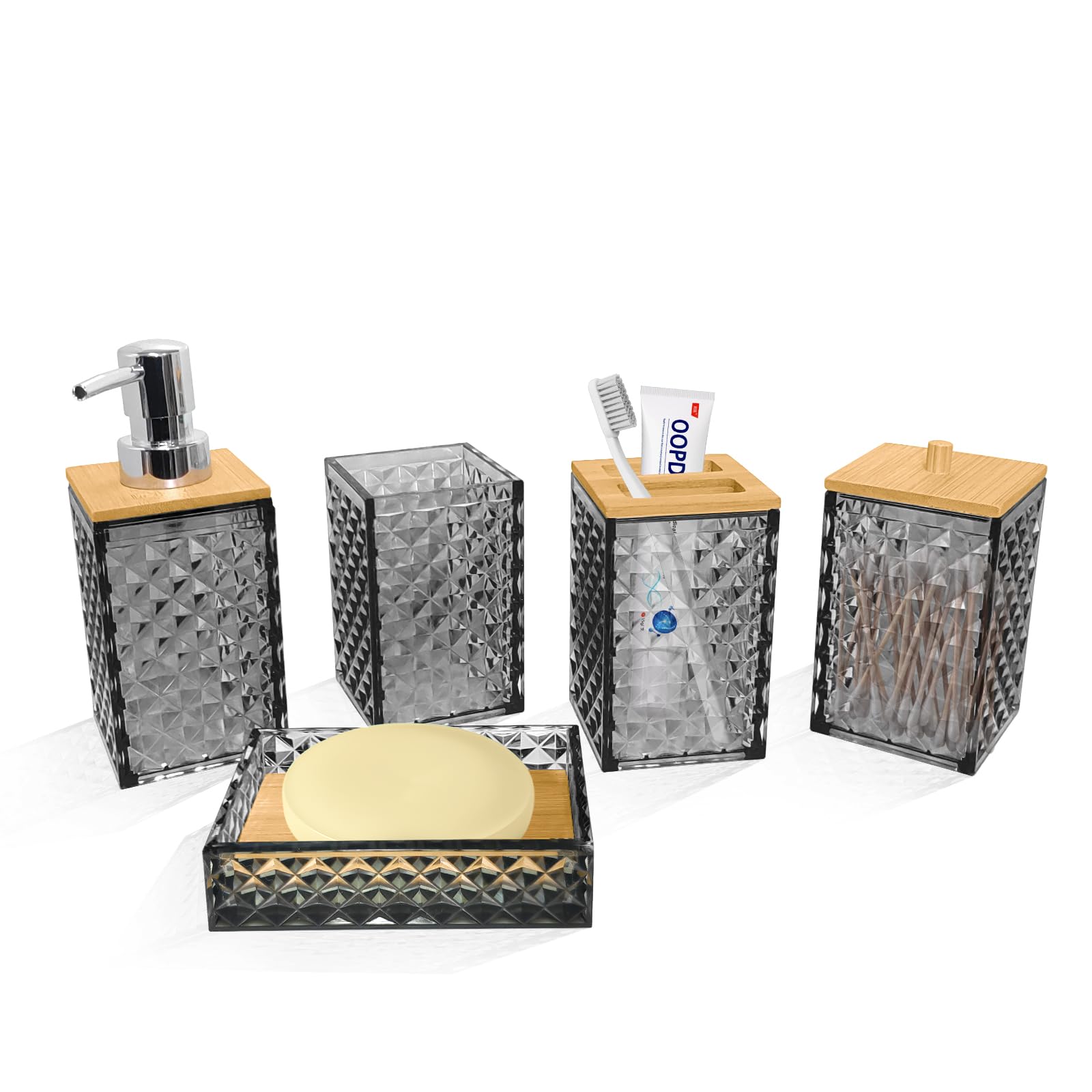 Seeatoo Grey Bathroom Accessory Set, 5 PCS Bathroom Accessories Sets Complete, Grey Bathroom Set Include Soap Dispenser, Toothbrush Holder, Soap Dish, Mouthwash Cup, Cotton Swab Jar