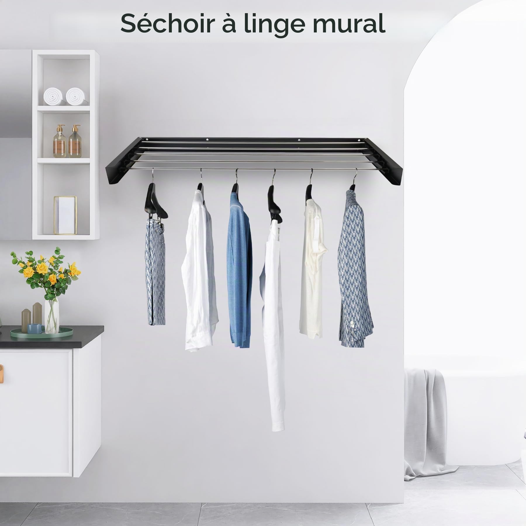 Séchoir à Linge Mural Extensible en Acier Inoxydable - 80 cm - Noir - Pliable - Montage Mural - Capacité de Charge de 50 kg - pour l'intérieur et l'extérieur - Balcon
