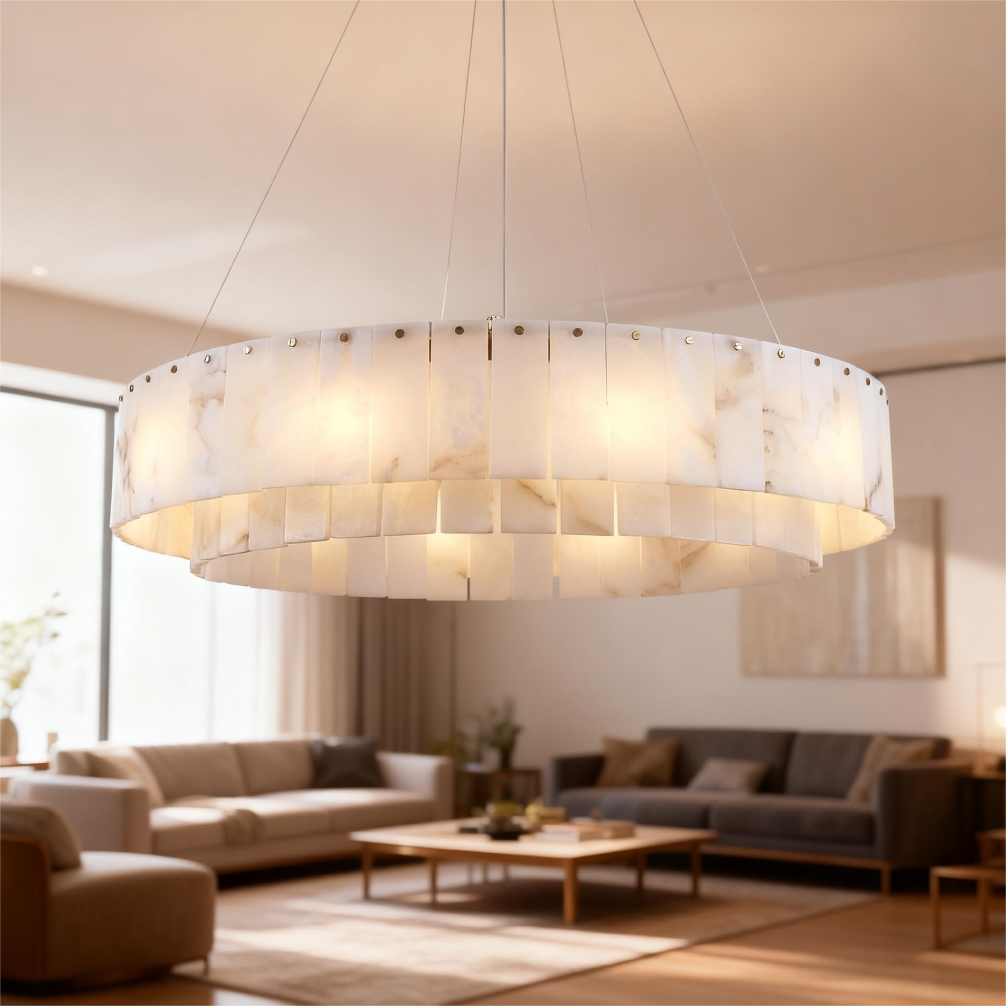 Alabaster Chandelier D31in Spanish Natural Marble Round Chandeliers, 2 Tiers Modern Living Room Chandelier, Alabaster Pendant Light Fixture, Dimmable Chandeliers for Bedroom, Entryway, Foyer