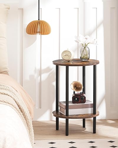 Miniatura 2 de Juego de 2 mesas auxiliares redondas, mesa auxiliar de 2 niveles, mesita de noche pequeña con tubo de metal resistente, mesa auxiliar industrial,