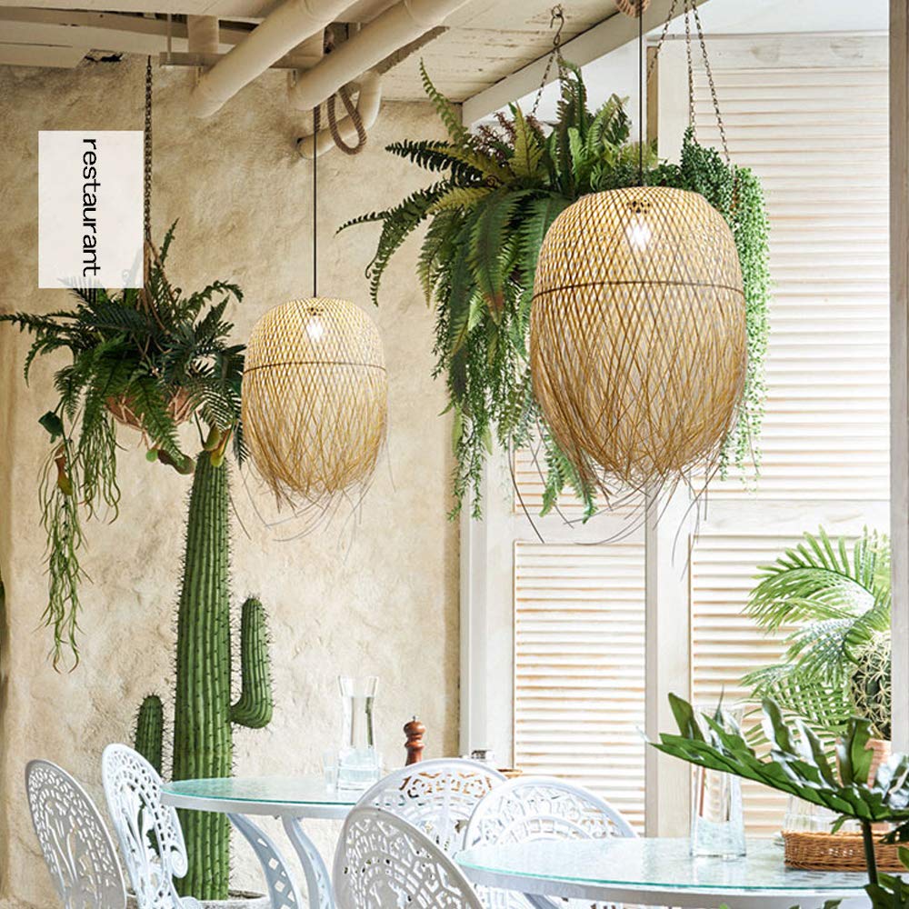Bambusowa lampa wisząca w stylu vintage, pleciona, ręcznie wykonana, rattanowa, kreatywna lampa z regulacją wysokości, gniazdo E27, do restauracji, pijalni herbaty, kawiarni, do salonu, 62 x 45 cm