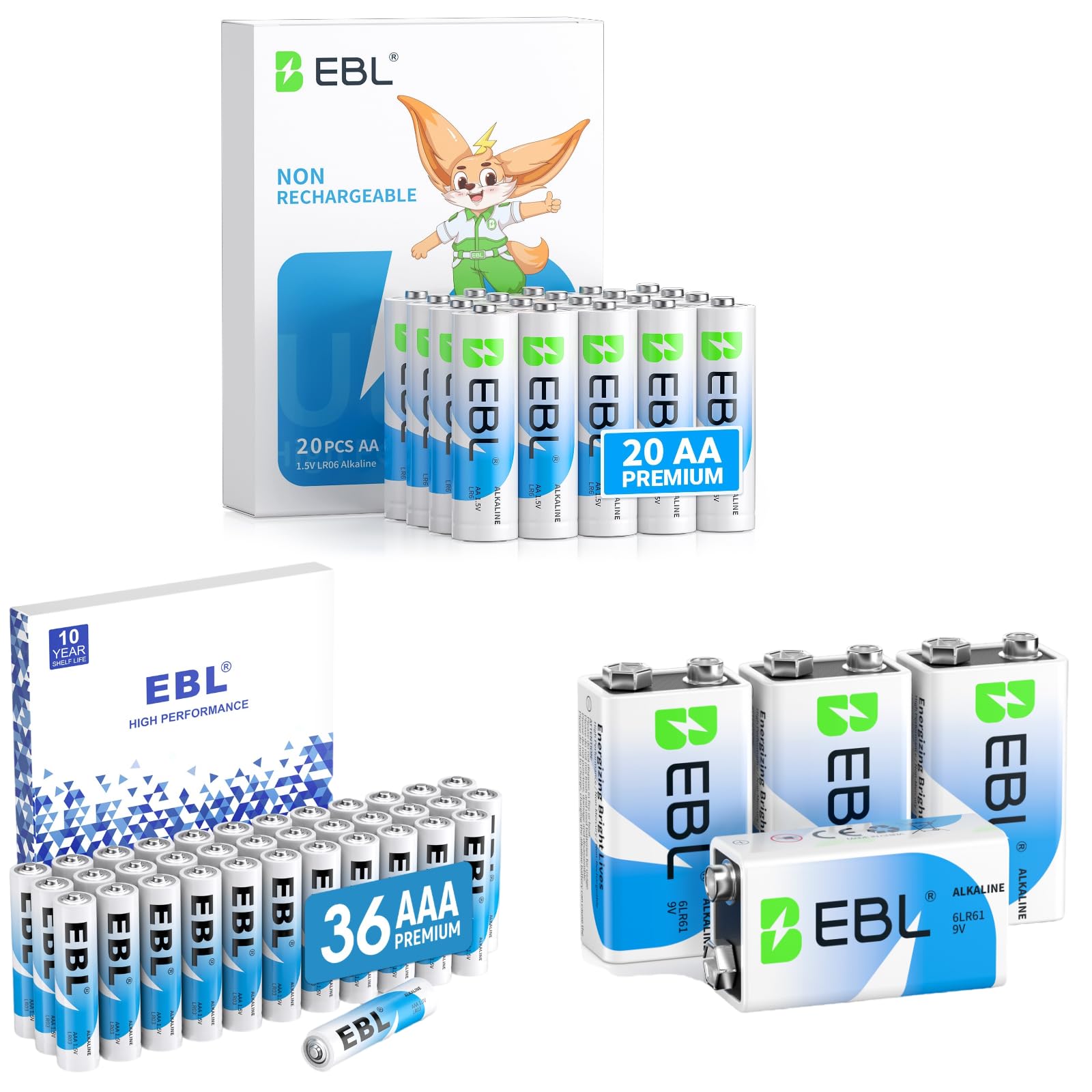 EBL AA AAA 9V Batteries Pack Combo AA 20 AAA 36 9V 4 Alkaline Batteries Long-Lasting Alkaline Power