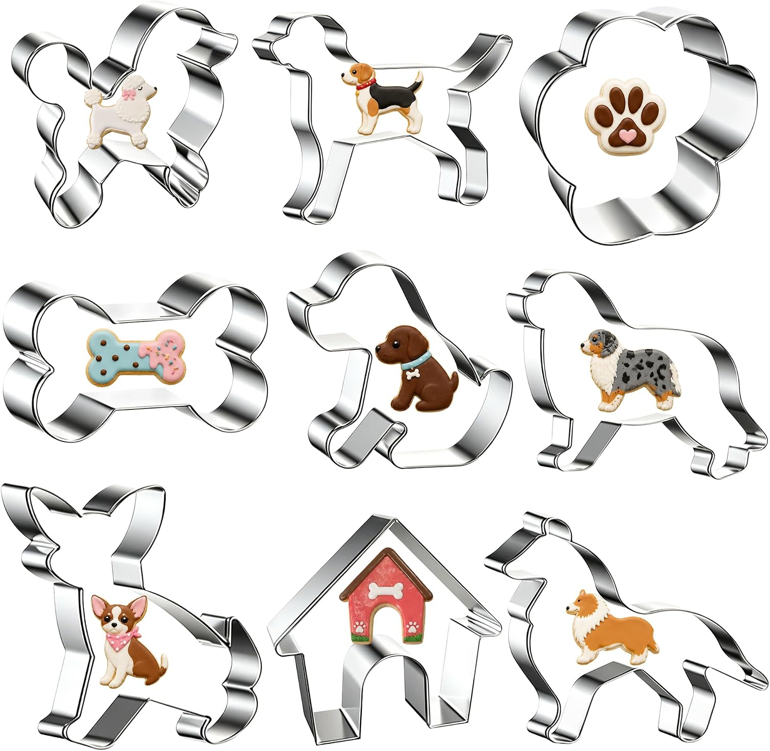 9 Pcs Dog Cookie Cutters Set Stainless Steel Puppy Paw & Bone Biscuit Molds