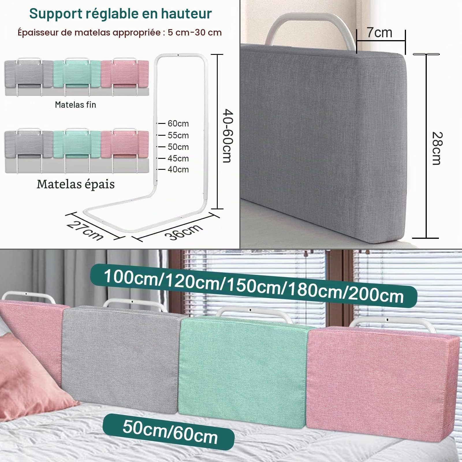 LZQ - Barrière de lit pour enfant - 50 cm - Protection contre les chutes - Réglable en hauteur - Barrière de lit pour lits d’enfants, lits d’adultes et toutes les matelas sur lits en bois massif