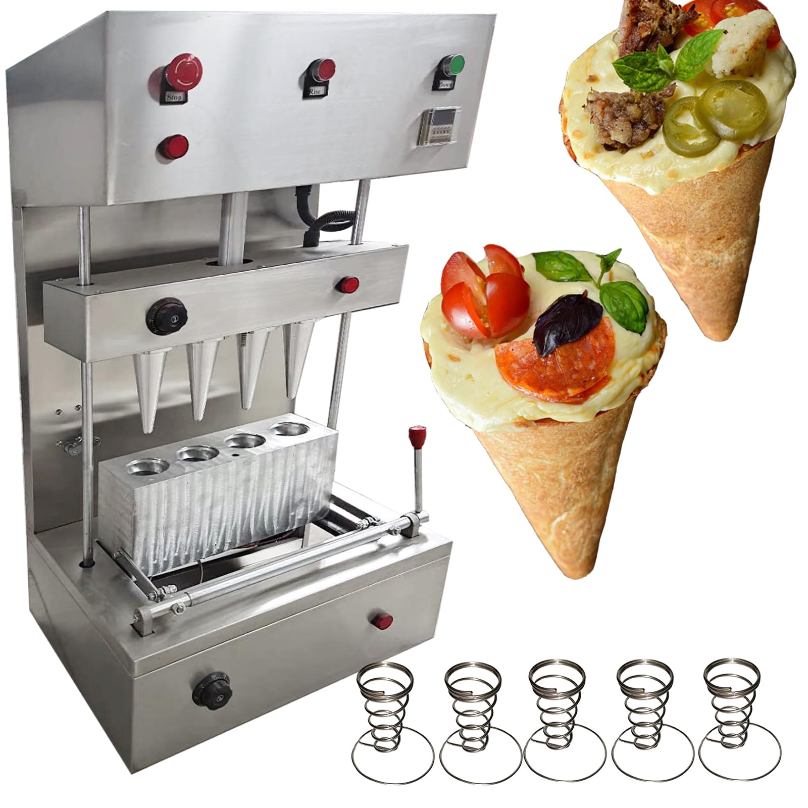 TXMACHINE® Pizza cone machine 4 cone maker with pizza oven,display warmer,pizza cone making machine,4 shapes (4 spiral maker, 110V/60HZ)