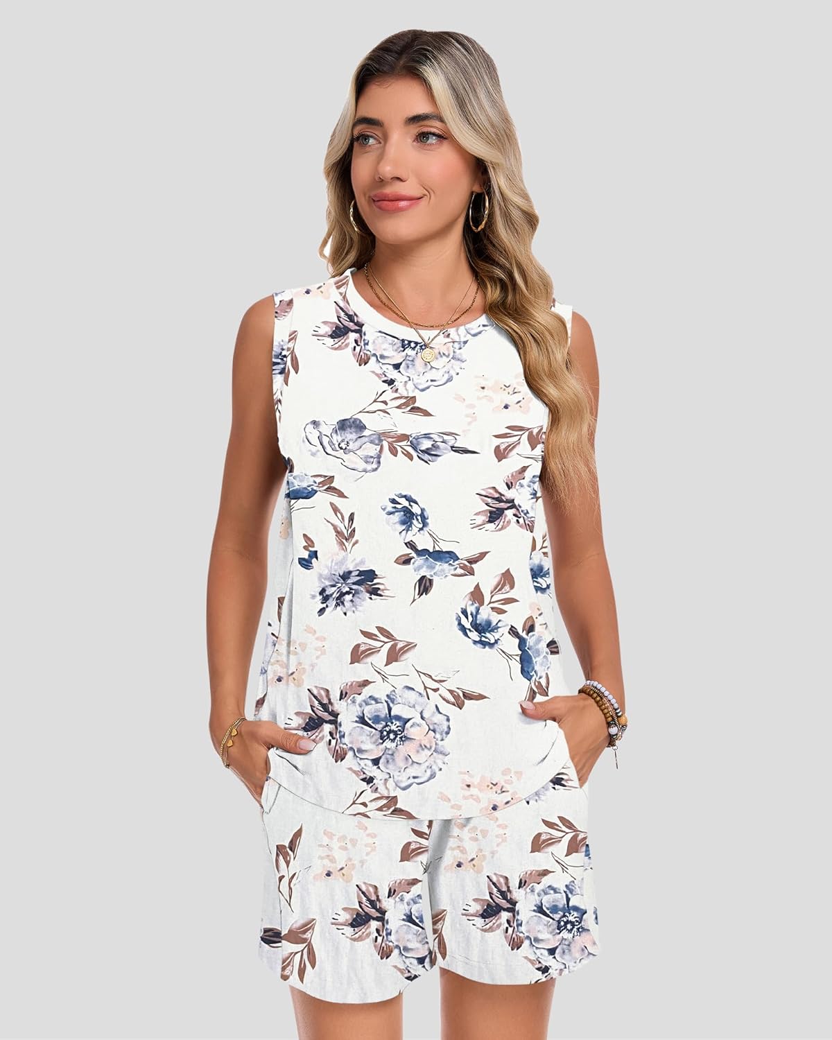 AUSELILY 2 Piece Sets for Women 2026 Summer Casual Crew Neck Sleeveless Pleated Shorts Set Resort Travel Outfits - Image 3