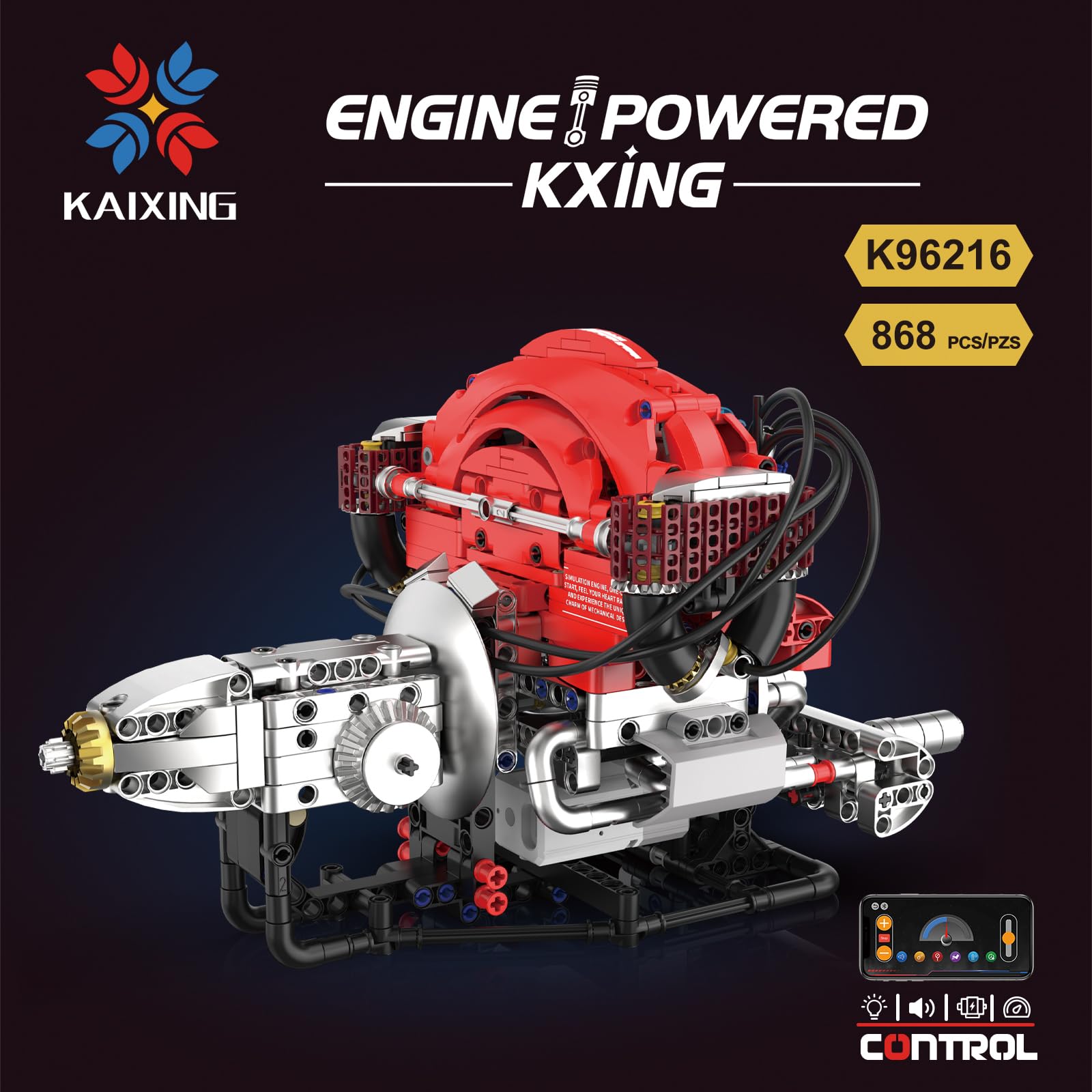 Zestaw konstrukcyjny z silnikiem V8, model techniczny z klockami do montażu i silnikiem V8 sterowanym przez aplikację, zawiera ośmiocylindrowy silnik i skrzynkę akumulatorową