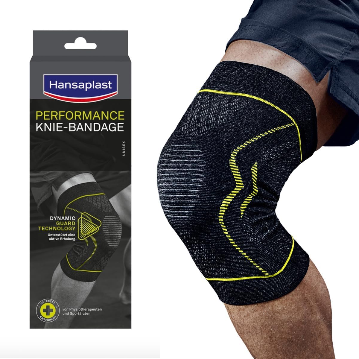 Hansaplast Performance Knie-Bandage, Kniebandage stabilisiert & entlastet das Gelenk, Bandage für rechtes & linkes Kniegelenk unterstützt die aktive Erholung, Größe L/XL
