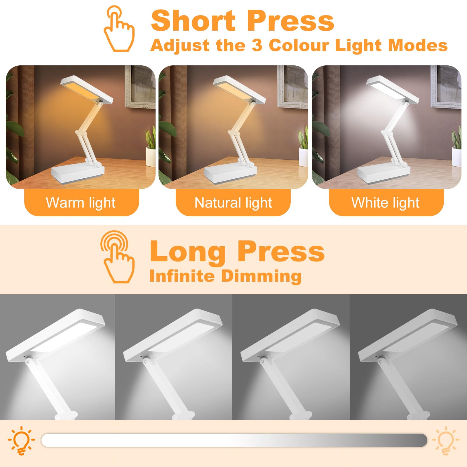 Lampe Bureau LED Tactile Sans Fil 3000mAh – Pliable 360°, 3 Températures, Rechargeable, Lecture & Chevet Portable