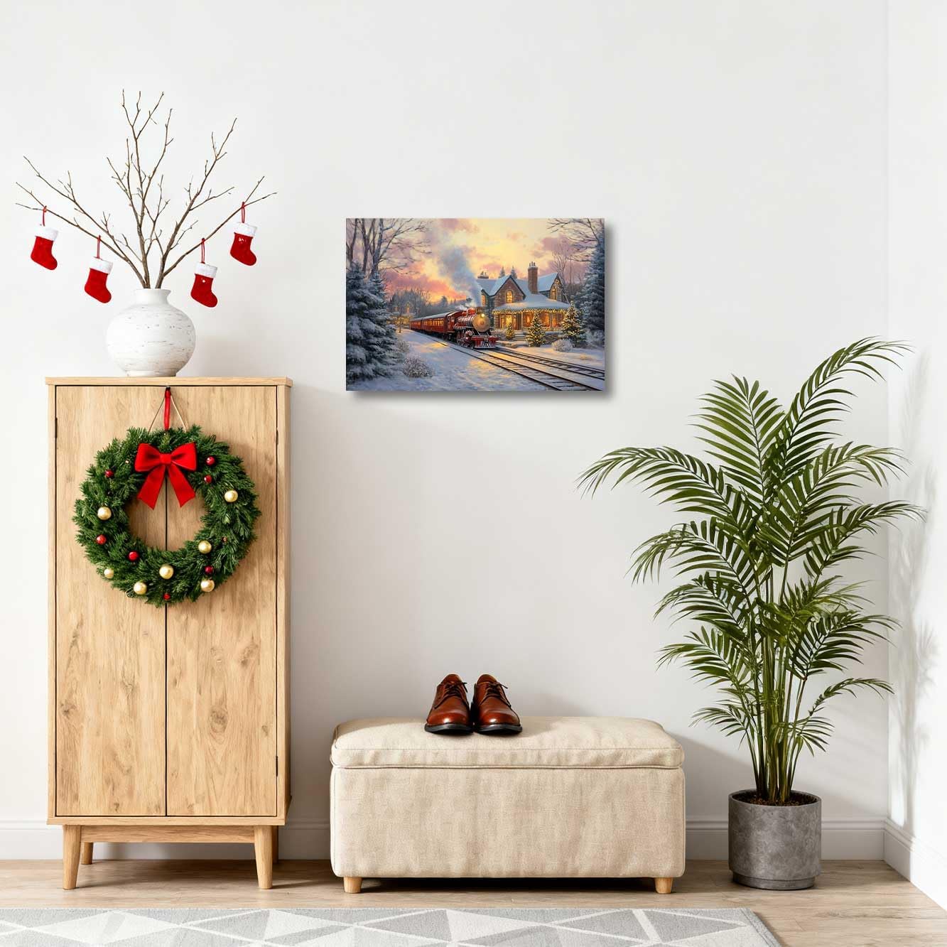 XLMDYYSW Christmas Red Train Wall Art Winter Steam Train Pictures Cabin Snowy Scenery Painting Christmas Trees Canvas Print Living Room Bedroom Decor Framed (28.00" x 42.00")