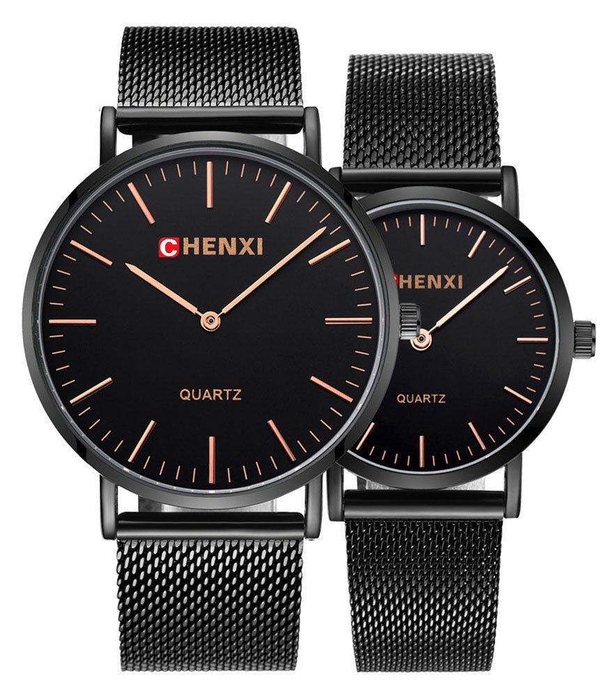 Swiss Brand Couple Watch Men Women Stainless Steel Rose Gold Mesh Strap Waterproof Watches Gift of 2 (076 Black) (B081TCPJD9) Amazon Price History, Amazon Price Tracker