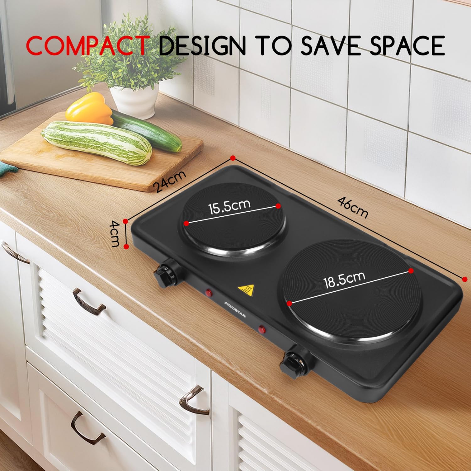 Aigostar Hornillo Electrico de 2500W, Cocina Electrica Portatil, con 2 Quemadores de 185mm y 155mm de Diámetro, Termostato Ajustable de 5 Niveles, Almohadilla Antideslizante, Adecuada Para Acampar