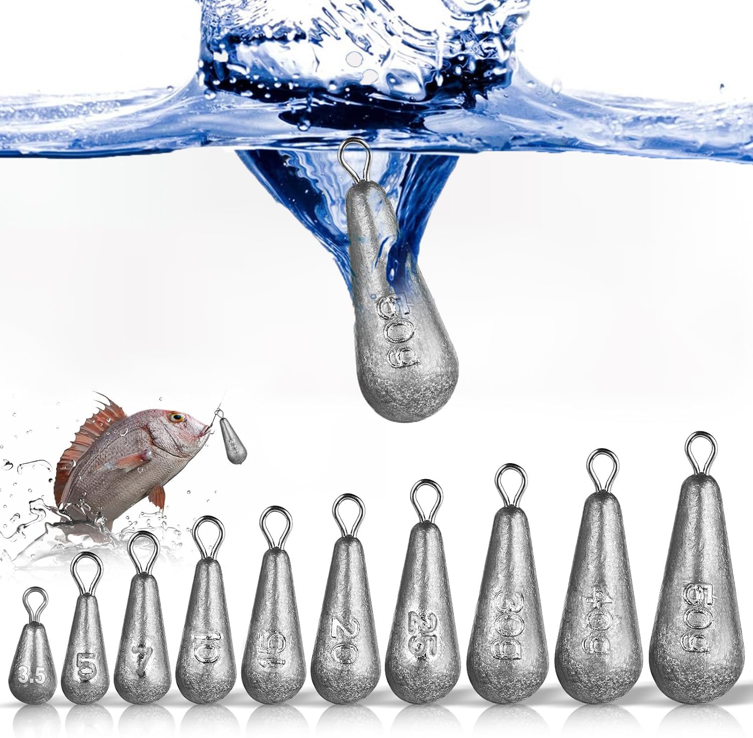 40 Pcs Small Fishing Weights Mixed 10 Sizes 3.5g 5g 7g 10g 15g 20g 25g 30g 40g 50g Deep Sea Fishing Weights Iron Fishing Sinkers Weights with Swivel for Deep Water & Floating & Sea Fishing