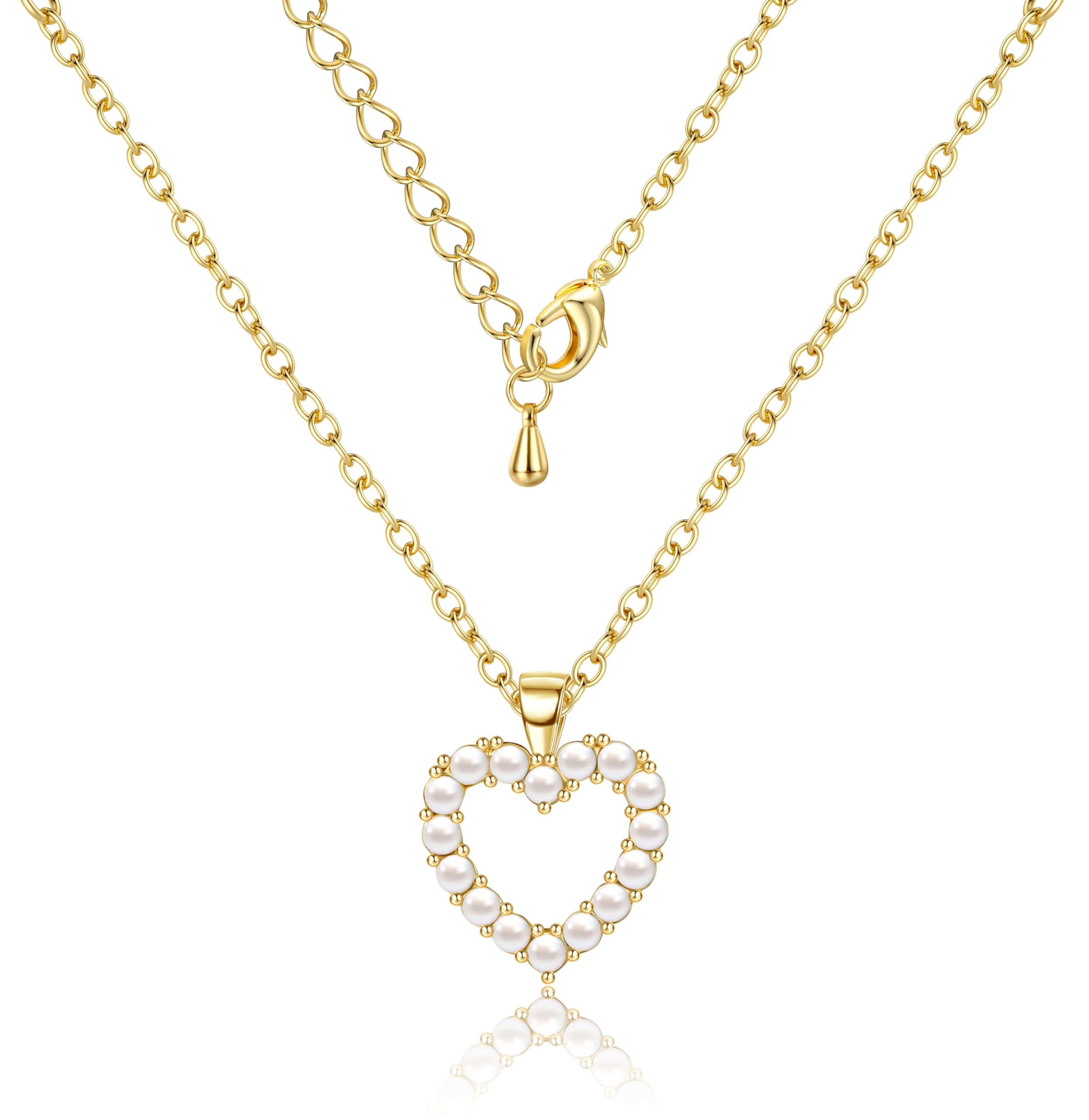 Dochais Halskette Damen – Herzanhänger Mit Perlen, 14K Gold Plattiert, 40+5 Cm, Wasserfest