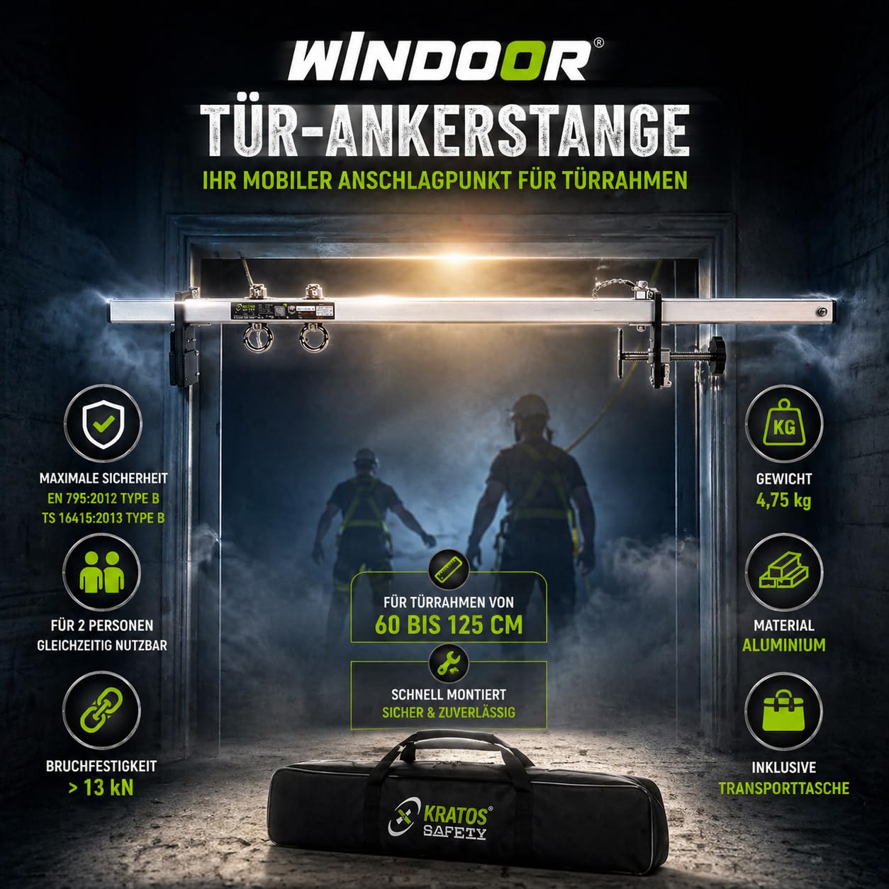 Kratos Safety Tür-Ankerstange, Türtraverse, inklusive Transporttasche, 60-125 cm, für 2 Personen, PSA, EN795