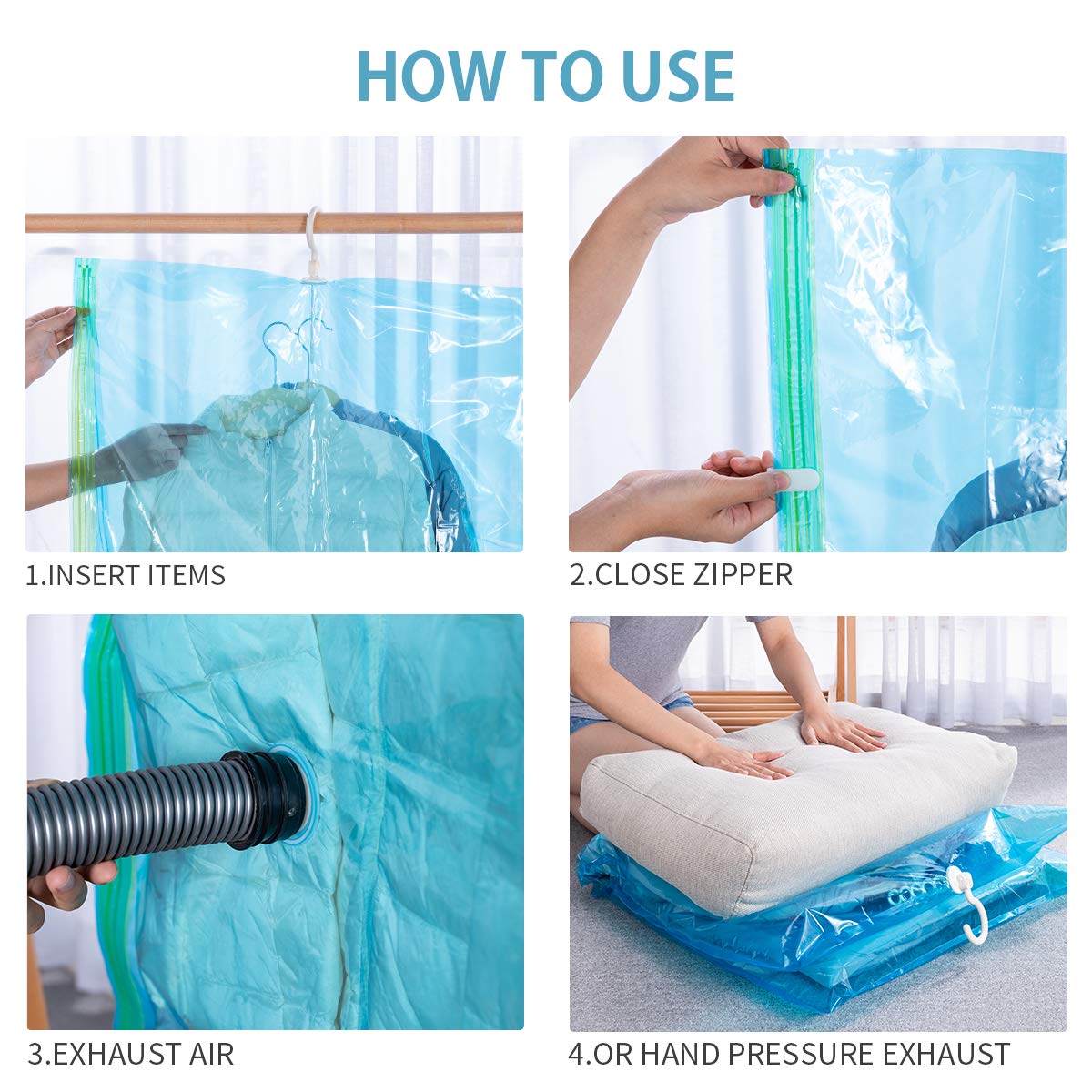 Bolsas de almacenamiento al vacío para ropa 4 piezas (135 x 70 cm) ahorro de espacio bolsas de polvo con gancho para abrigos, chaquetas, vestidos, chaqueta de abajo, traje de negocios, sin plegado