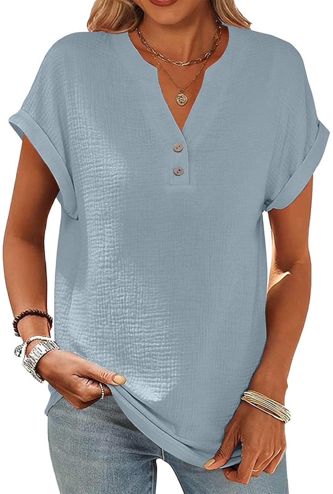 Yutdeng Camicia Donna Estiva Manica Corta Camicetta in Lino Cotone Leggero Elegante Blusa Top Scollo a V Maglietta con Bottoni Moda Casual Tinta Unita T-Shirt Comodo Vacanza Maglietta