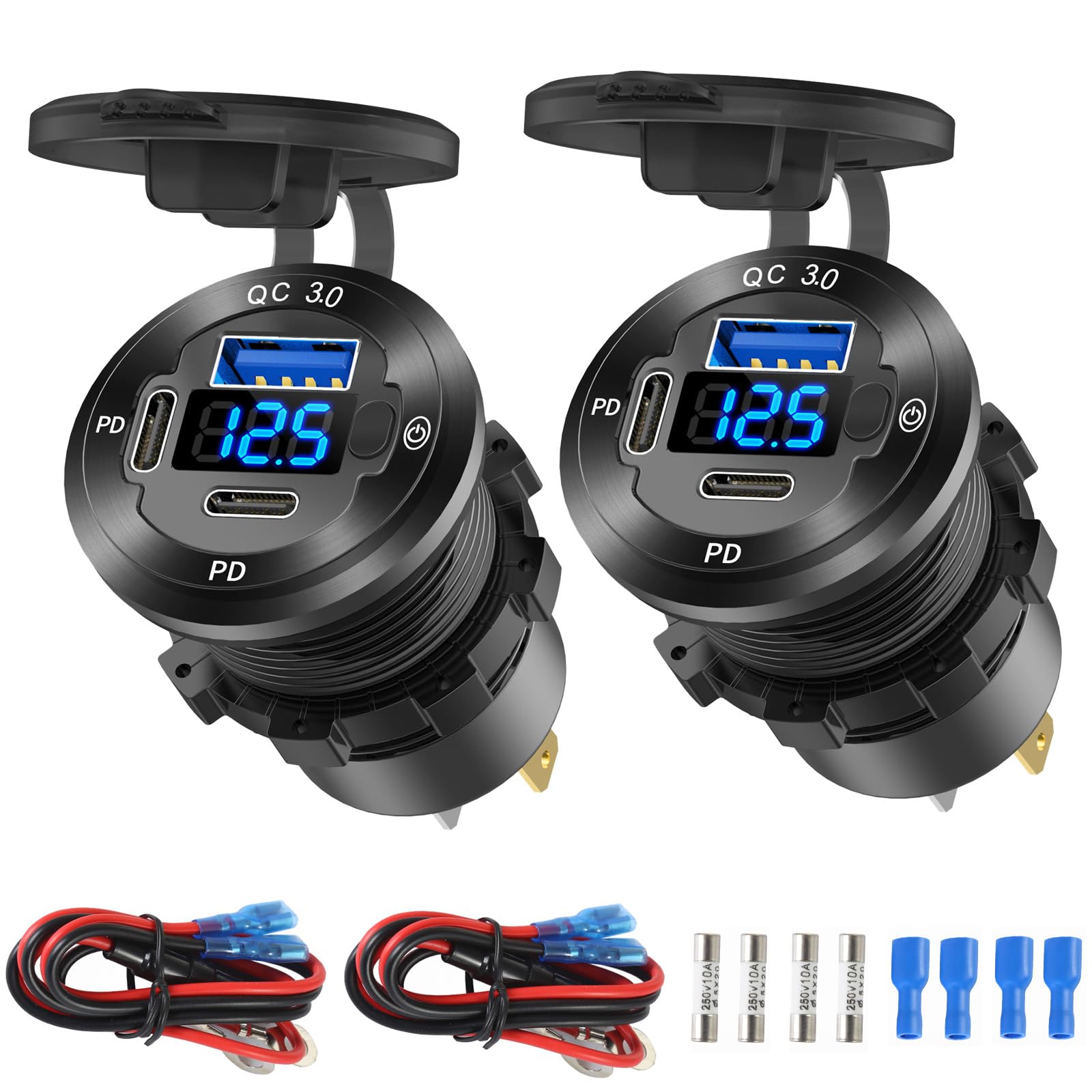 Paquete de 2 salidas USB de 12 V, 3 puertos, cargador de coche de 78 W, doble Pd, USB C, 30 W, carga rápida 3.0, cargador impermeable de aluminio con voltímetro e entrada