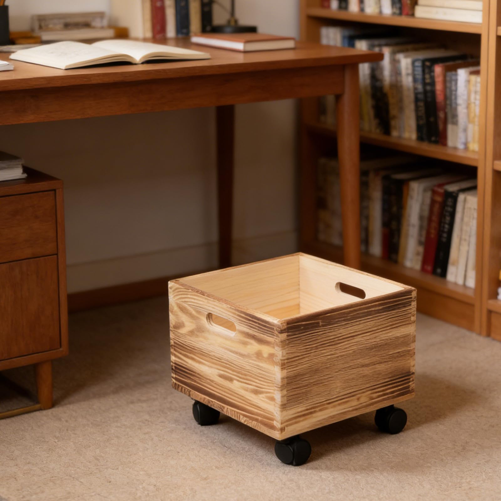 Cassette di legno per riporre oggetti - Cubo decorativo in legno con ruote | Cassa porta dischi | Cesto portabiancheria sporca | Espositore da scrivania (Caffè)
