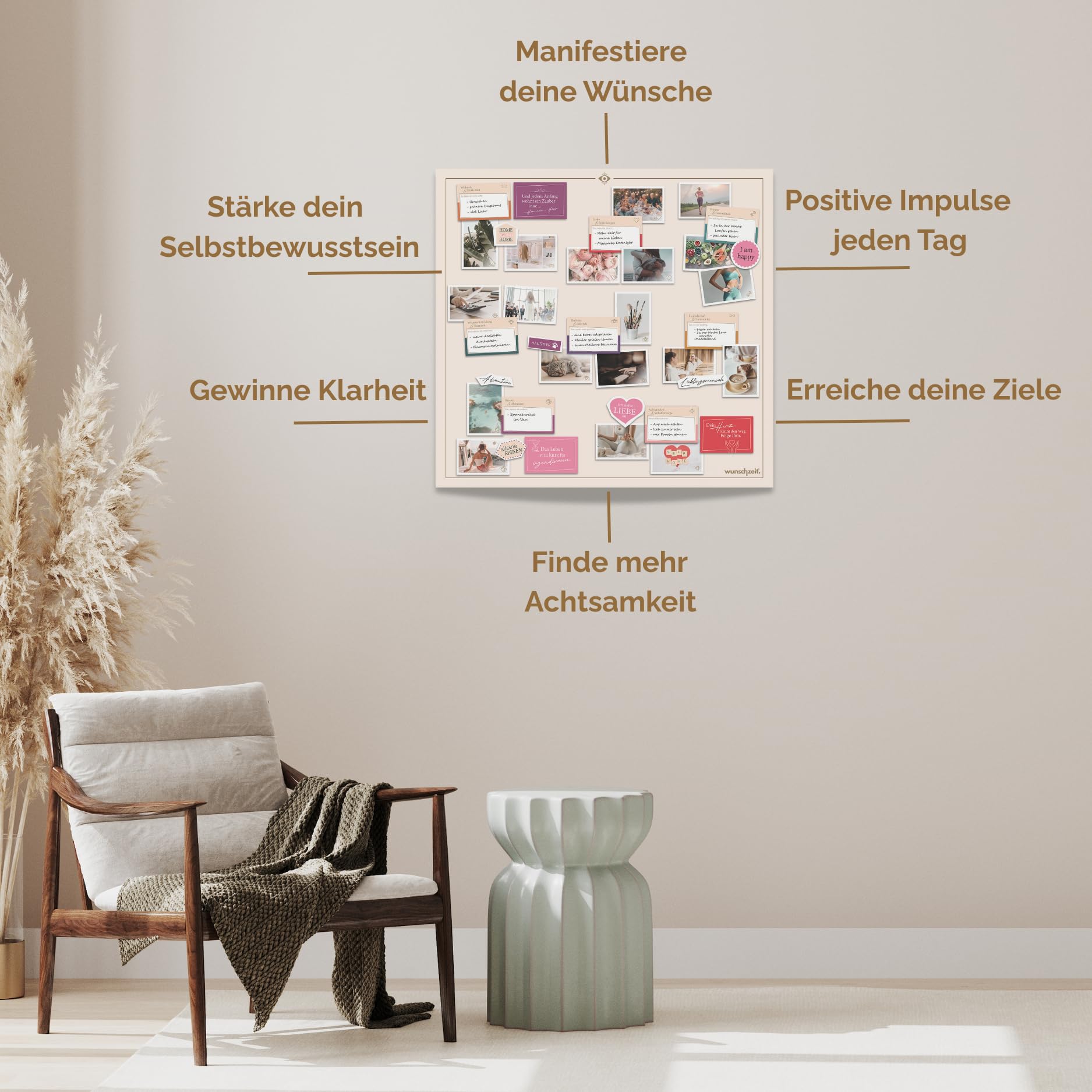 wunschzeit® Premium Vision Board Set | All-in-One Kit mit 162 Karten, 32-Seiten Workbook & XL-Poster | Klarheit, Träume manifestieren & Ziele erreichen | Inspirierendes Geschenk für Frauen